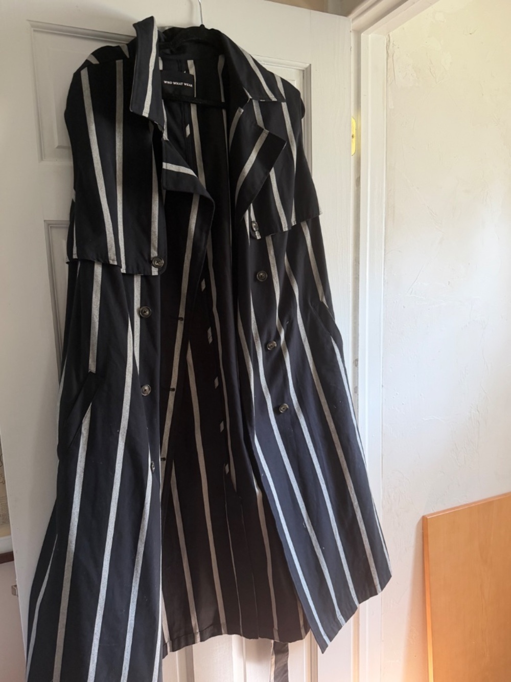 Who what wear black and grey stripe vest trench with tie waist belt - Picture 3 of 4